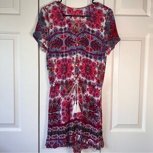 Altar’d State Pink Boho Festival Romper Floral V-Neck Tassel Drawstring, Small